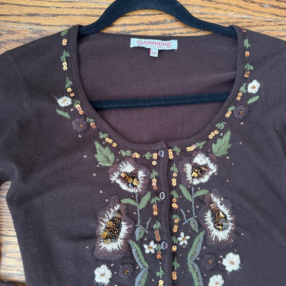 Vintage Y2K Brown Floral Embroidered Beaded Cardigan - Size Small - Picture 9 of 14